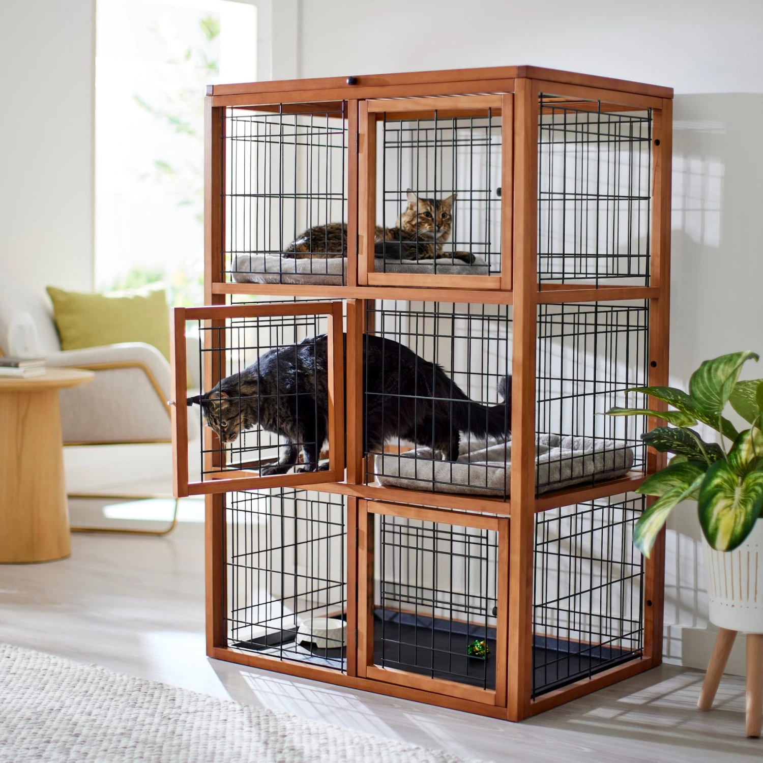 Frisco Collapsible Wood & Wire Cat Cage Playpen, 3 Level